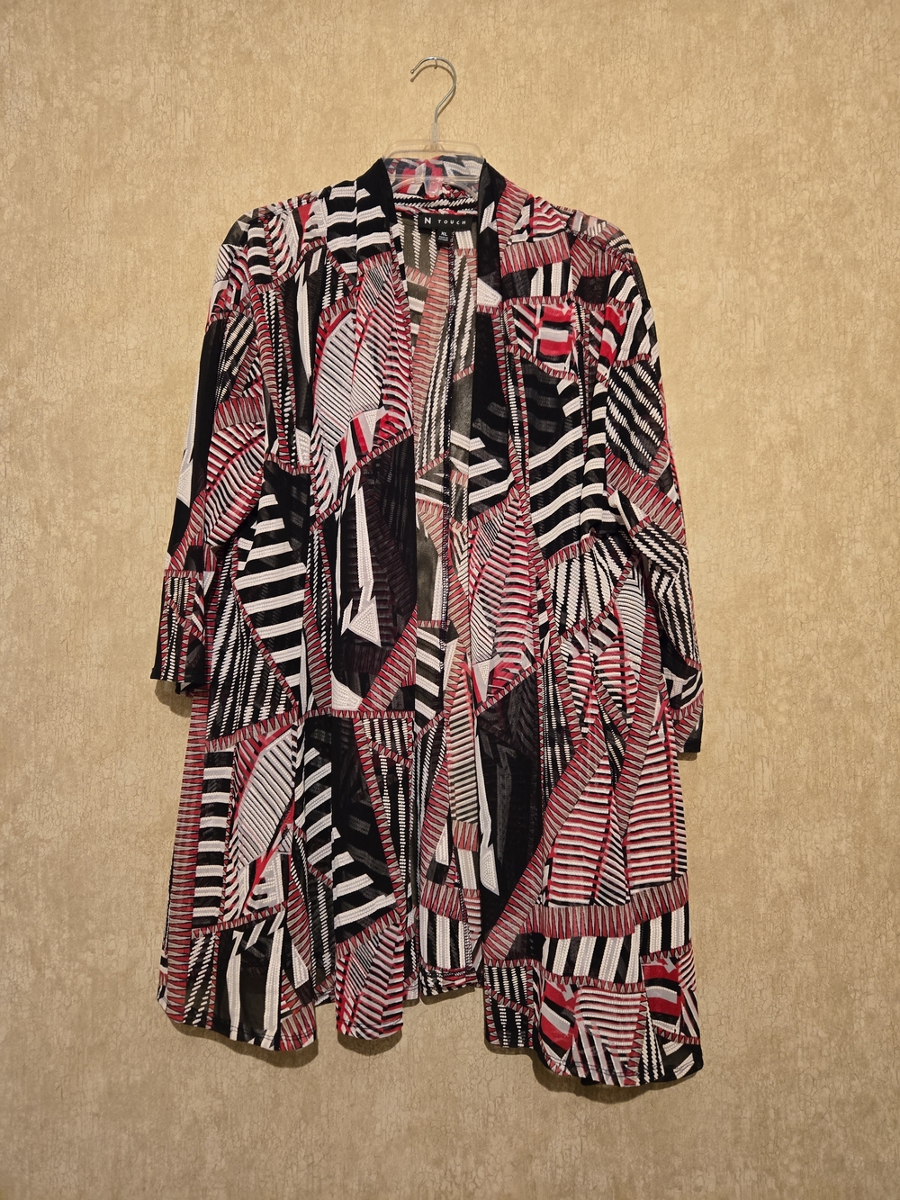 Abstract Striped Open Front Duster - Black, White & Hot Pink Size XL